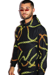 Chains All Over Print Long Sleeve Hoodie- Black