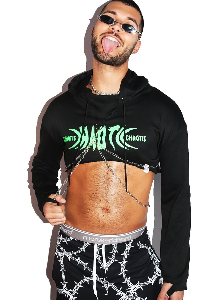 Chaotic Chains Long Sleeve Crop Hoodie- Black