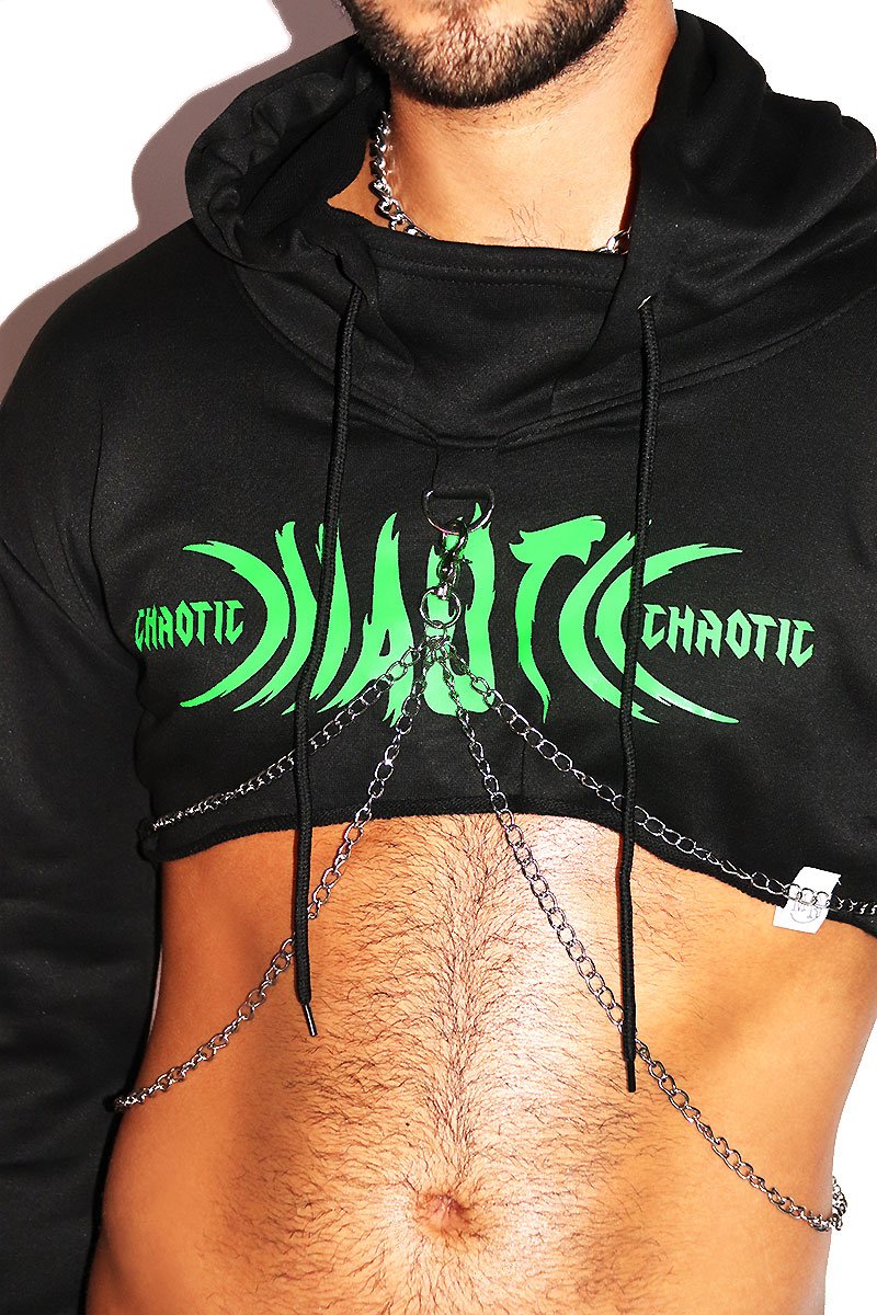Chaotic Chains Long Sleeve Crop Hoodie- Black