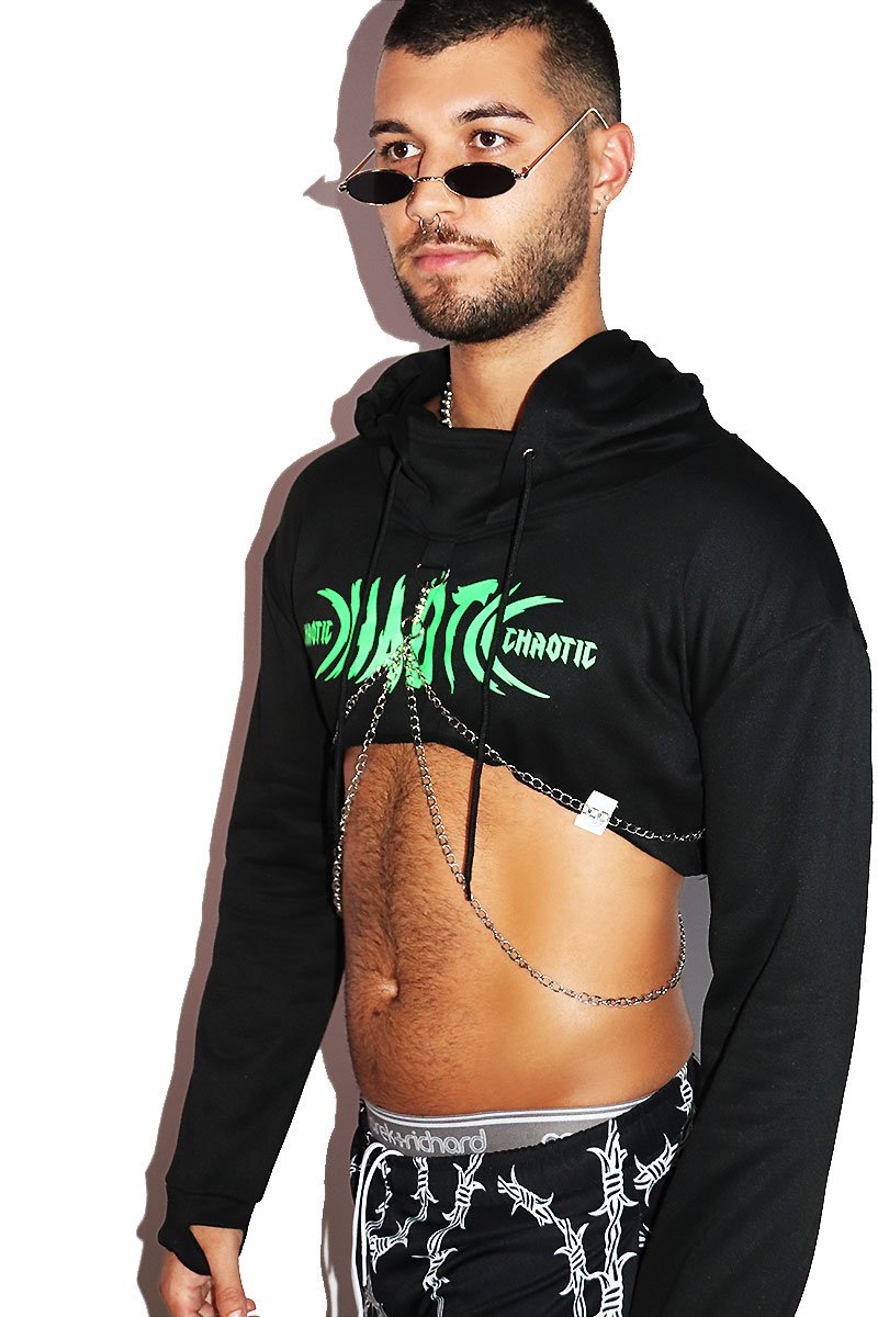 Chaotic Chains Long Sleeve Crop Hoodie- Black