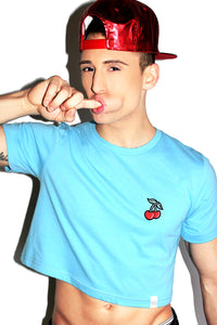 Cherries Crop Tee- Sky Blue