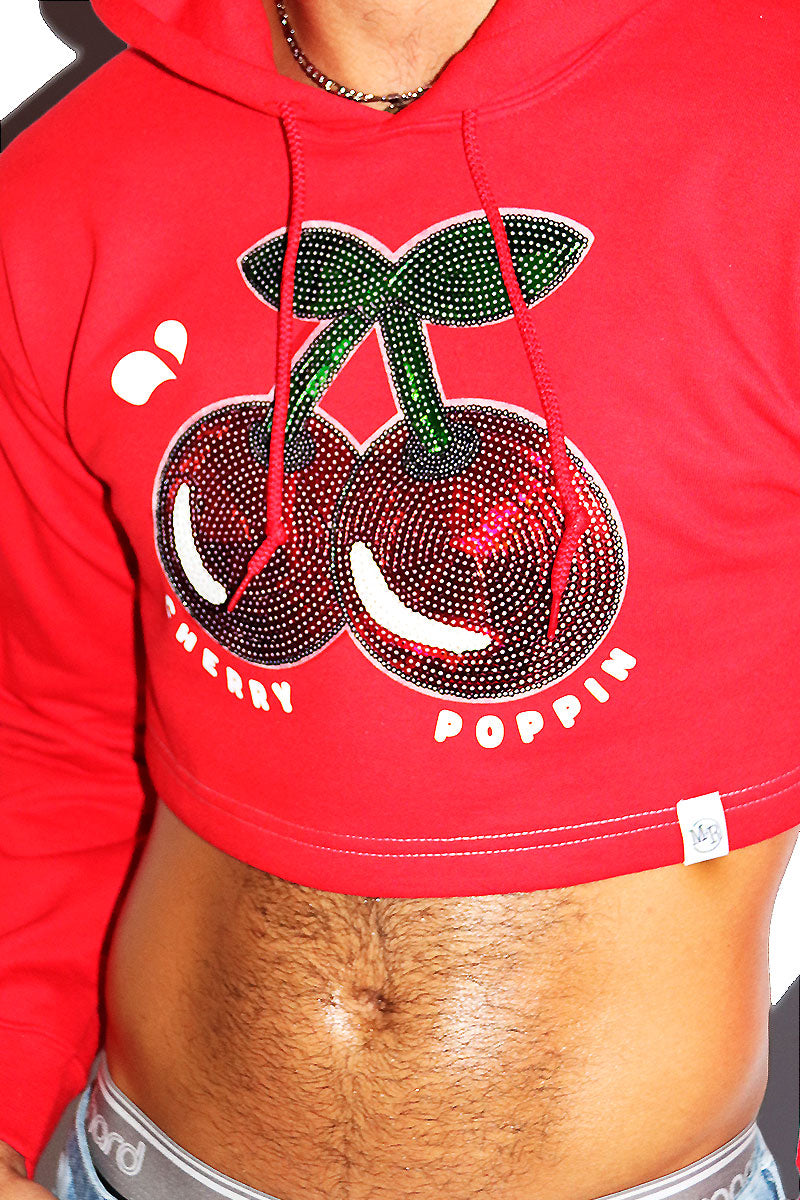 Cherry Poppin Long Sleeve Crop Hoodie-Red