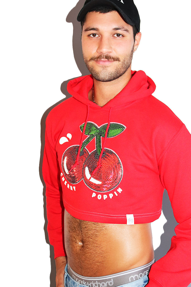 Cherry Poppin Long Sleeve Crop Hoodie-Red