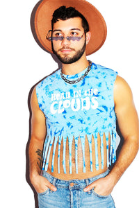 Head In The Clouds Tie Dye Fringe Crop Tank- Sky Blue
