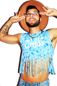 Head In The Clouds Tie Dye Fringe Crop Tank- Sky Blue