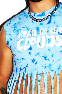 Head In The Clouds Tie Dye Fringe Crop Tank- Sky Blue