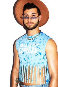 Head In The Clouds Tie Dye Fringe Crop Tank- Sky Blue