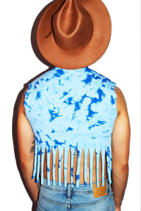 Head In The Clouds Tie Dye Fringe Crop Tank- Sky Blue