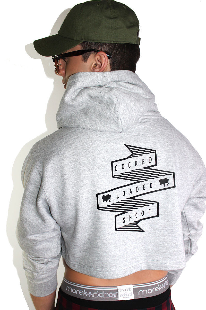 Cocked and Loaded Crop Long Sleeve Hoodie-Grey