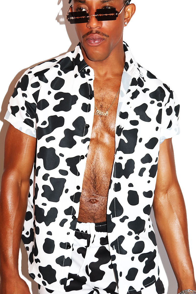 Cow Print Short Sleeve Shirt -White