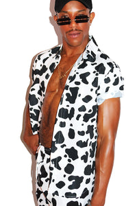 Cow Print Short Sleeve Shirt -White