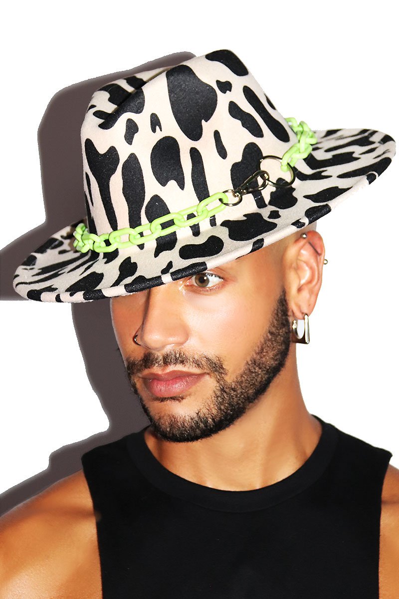 Cow Print Neon Chain Wide Brim Hat - Black