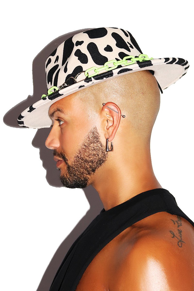 Cow Print Neon Chain Wide Brim Hat - Black