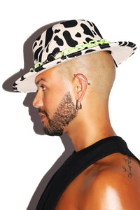 Cow Print Neon Chain Wide Brim Hat - Black