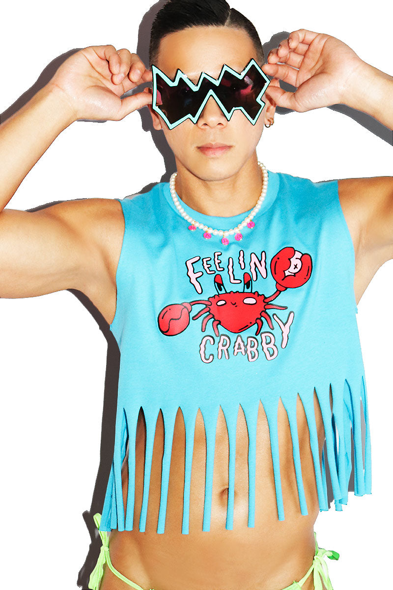 Feelin Crabby Nipple Pinch Fringe Crop Tank- Blue