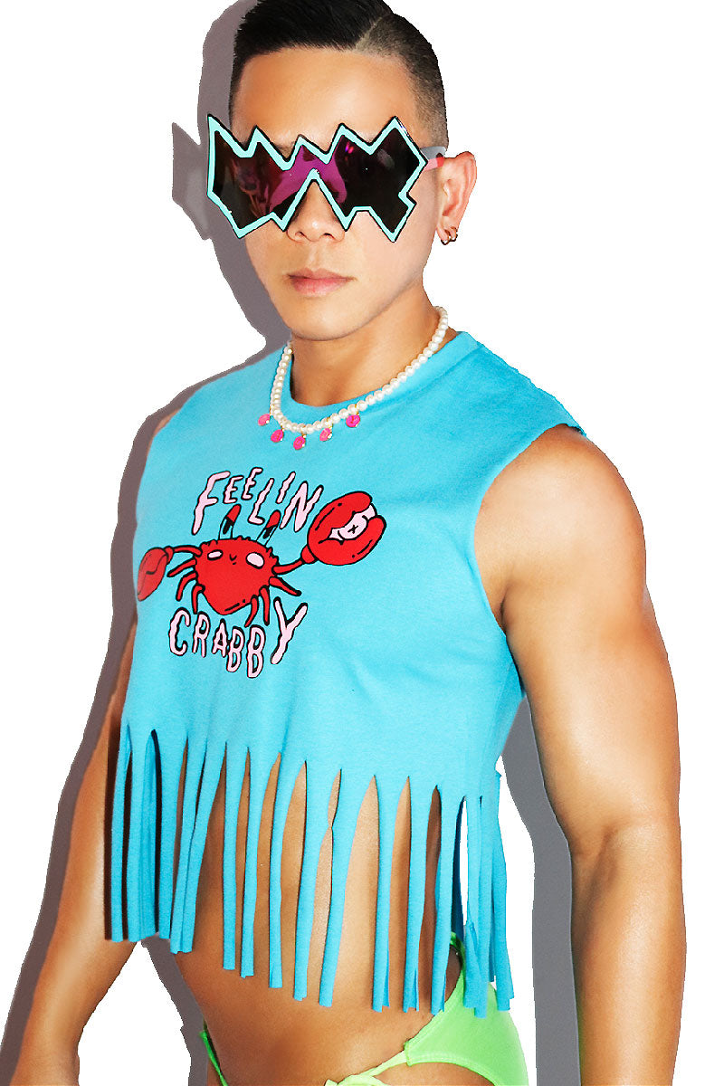 Feelin Crabby Nipple Pinch Fringe Crop Tank- Blue
