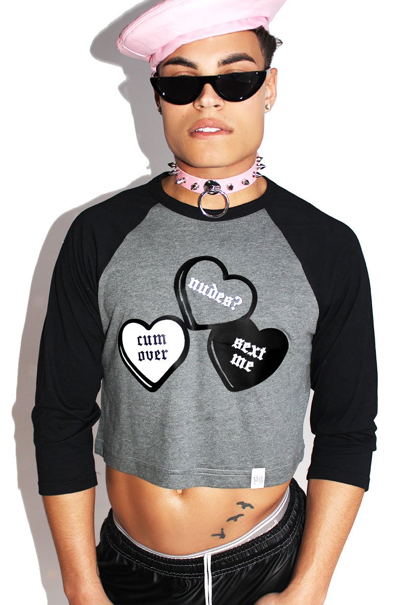 Cum On Over Crop Raglan Tee-Charcoal