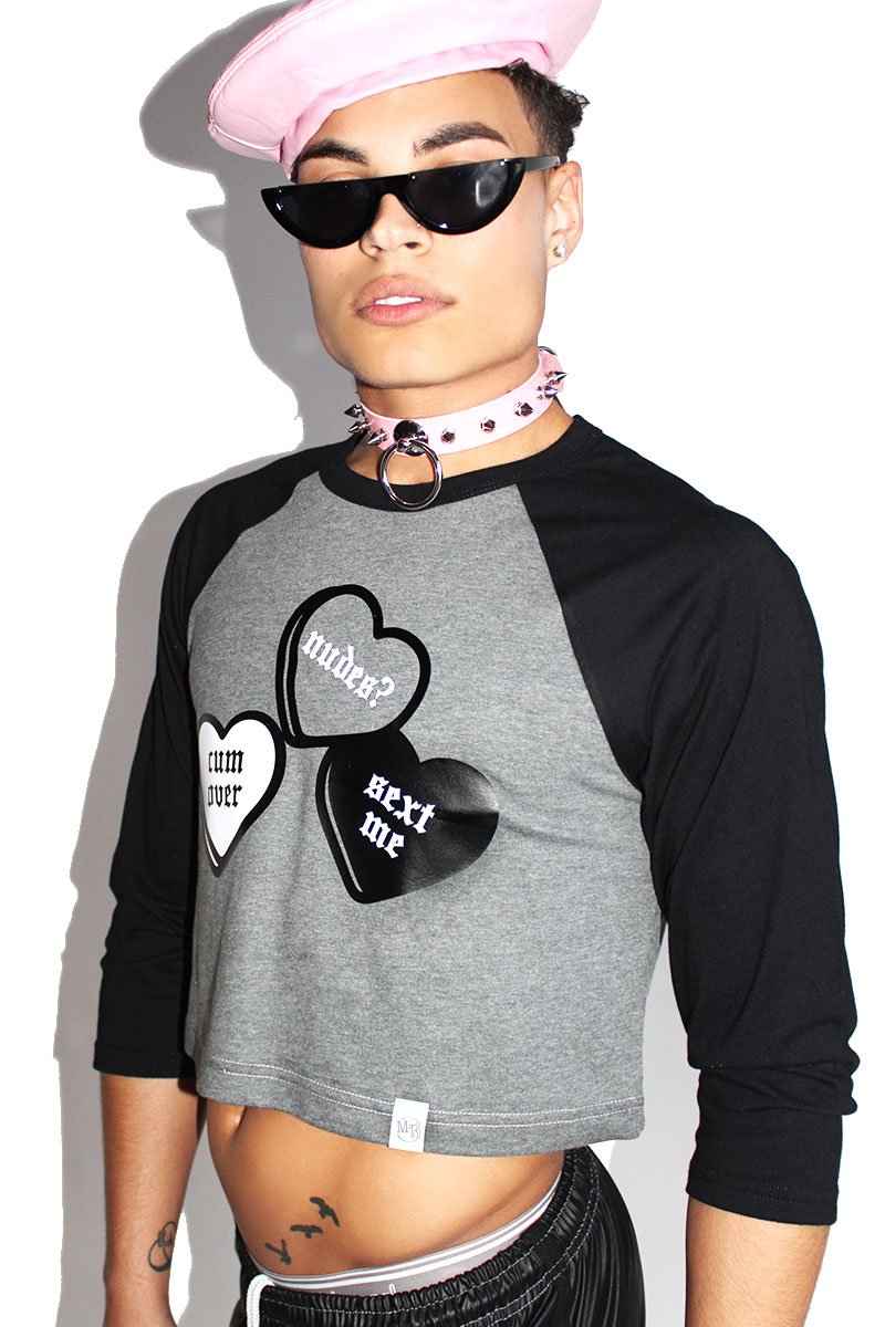Cum On Over Crop Raglan Tee-Charcoal