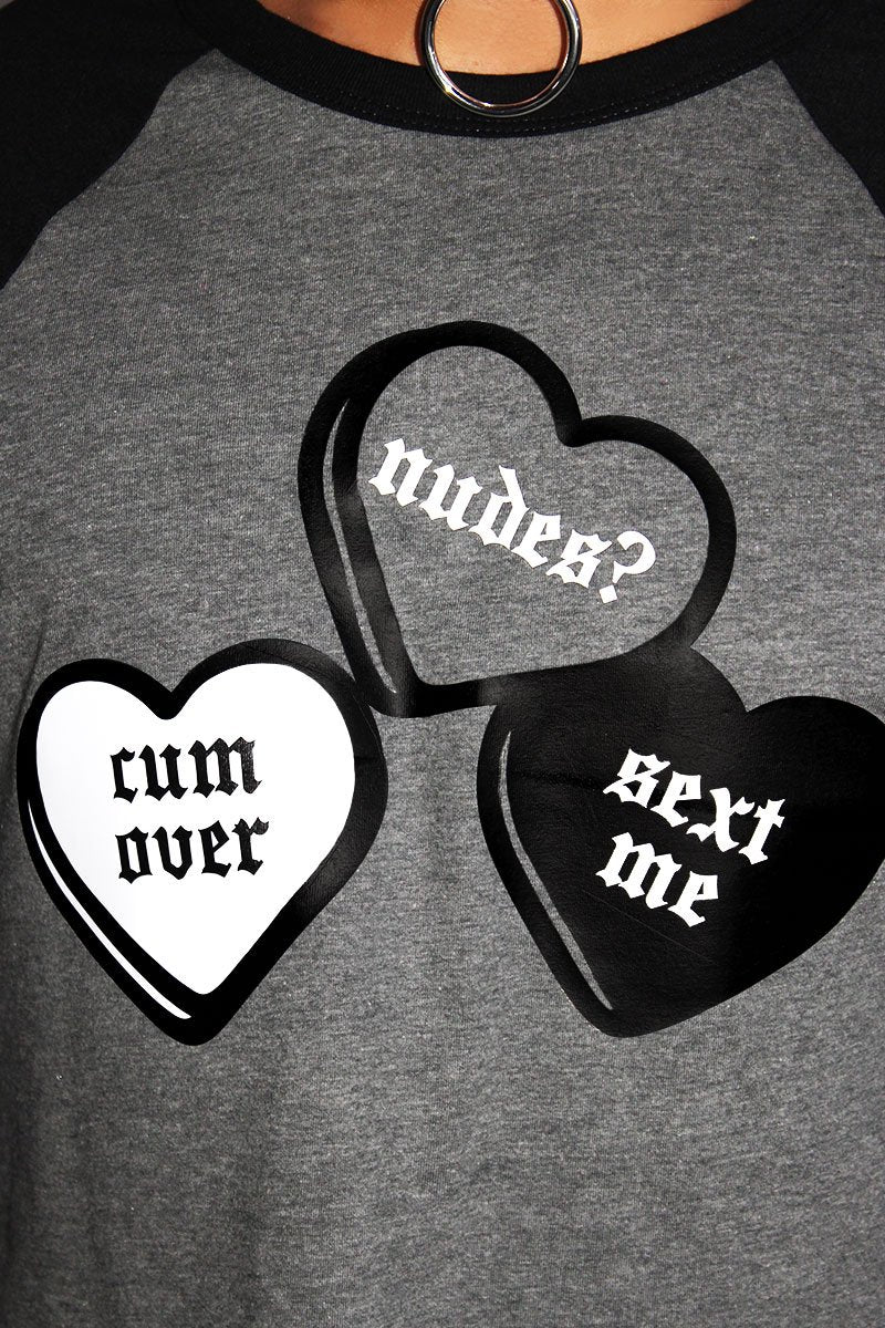 Cum On Over Crop Raglan Tee-Charcoal