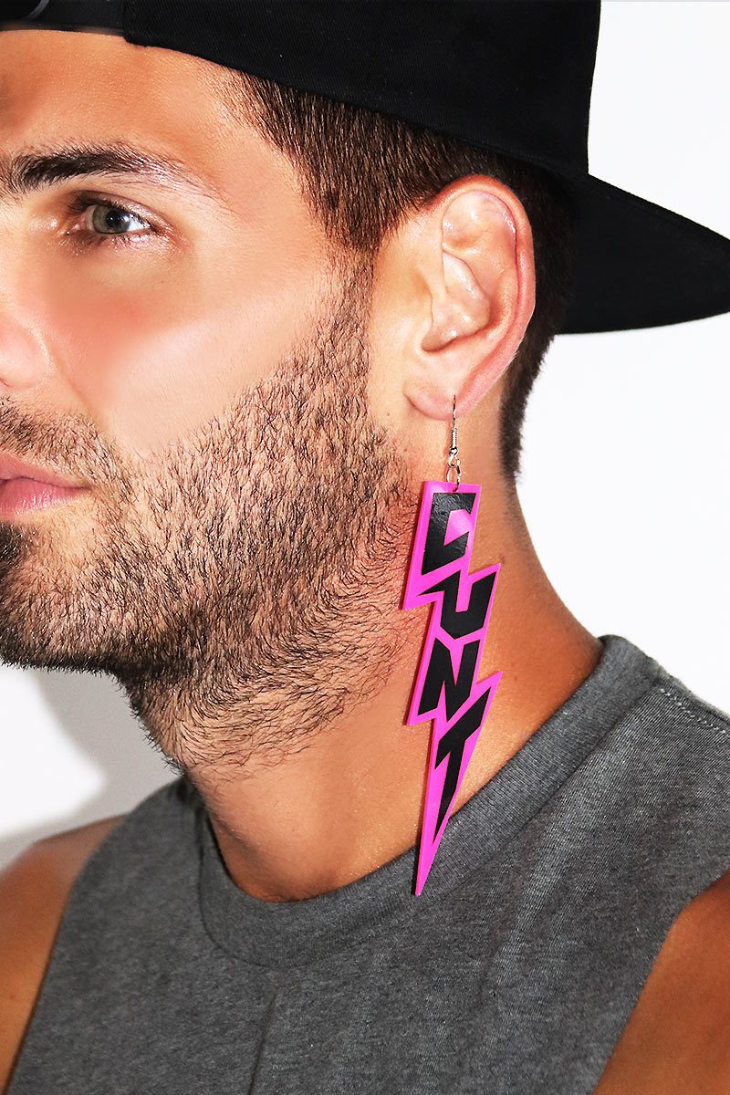 Cunt Lightning Bolt Single Earring-Neon Pink