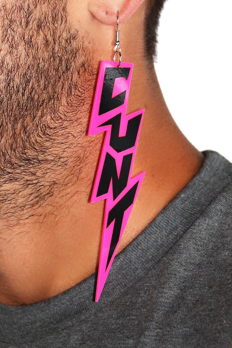 Cunt Lightning Bolt Single Earring-Neon Pink