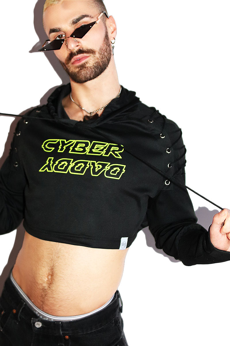Cyber Daddy Long Sleeve Laceup Crop Hoodie- Black