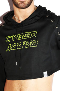 Cyber Daddy Long Sleeve Laceup Crop Hoodie- Black