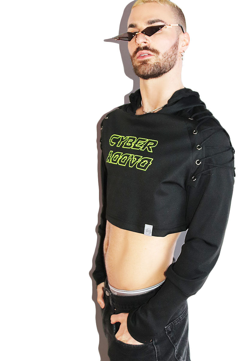 Cyber Daddy Long Sleeve Laceup Crop Hoodie- Black