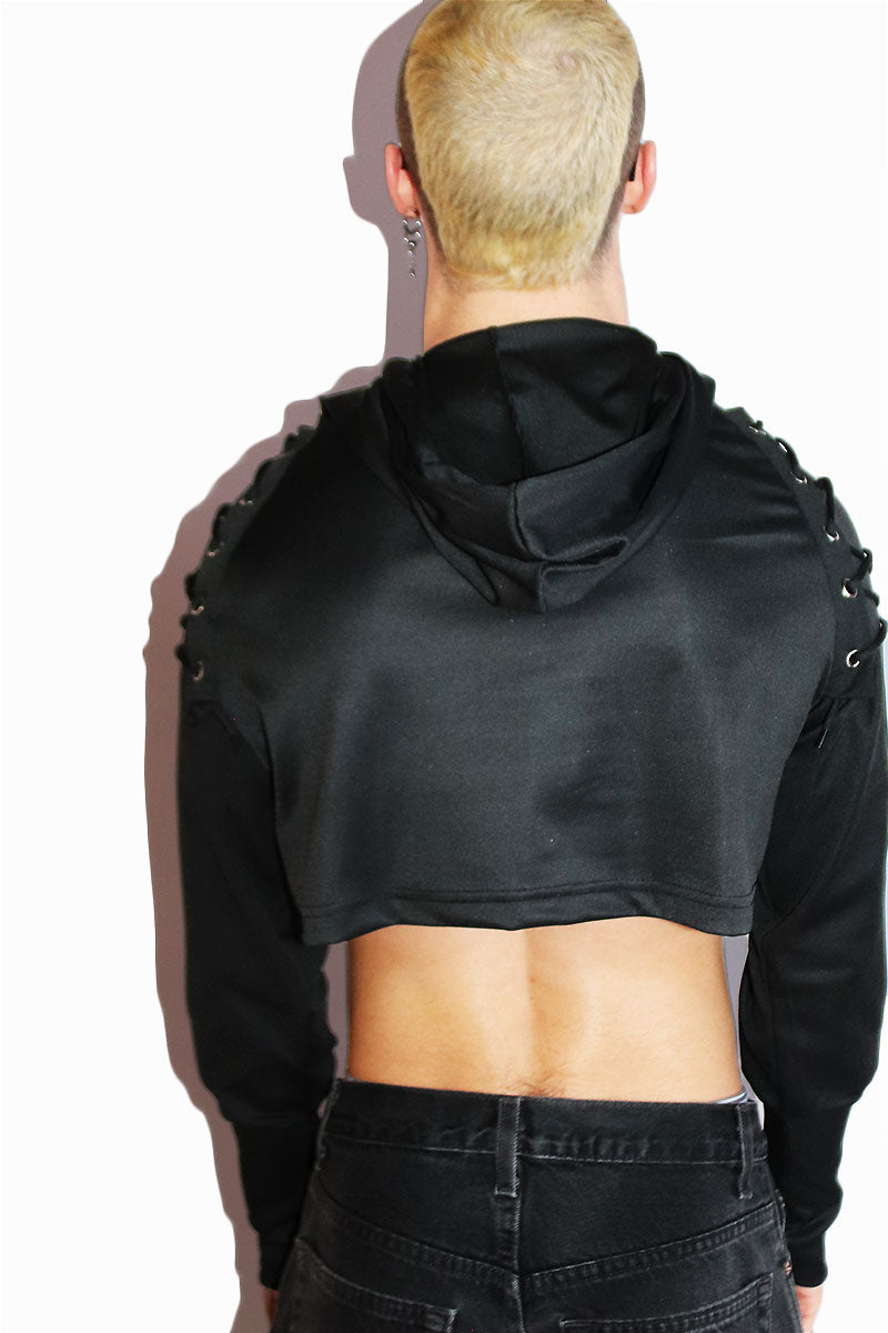 Cyber Daddy Long Sleeve Laceup Crop Hoodie- Black