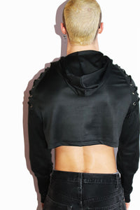 Cyber Daddy Long Sleeve Laceup Crop Hoodie- Black