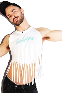Daddy Fringe Halter Valley Crop Tank- White