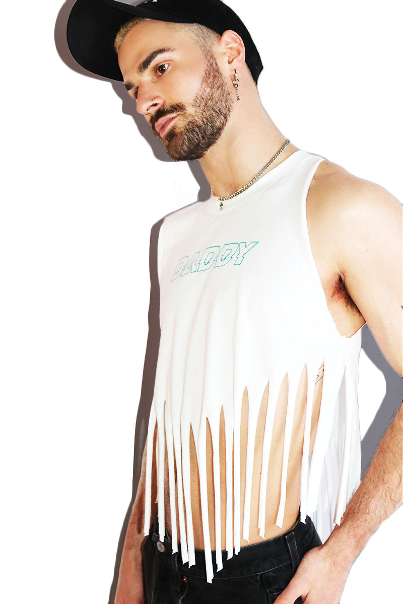 Daddy Fringe Halter Valley Crop Tank- White