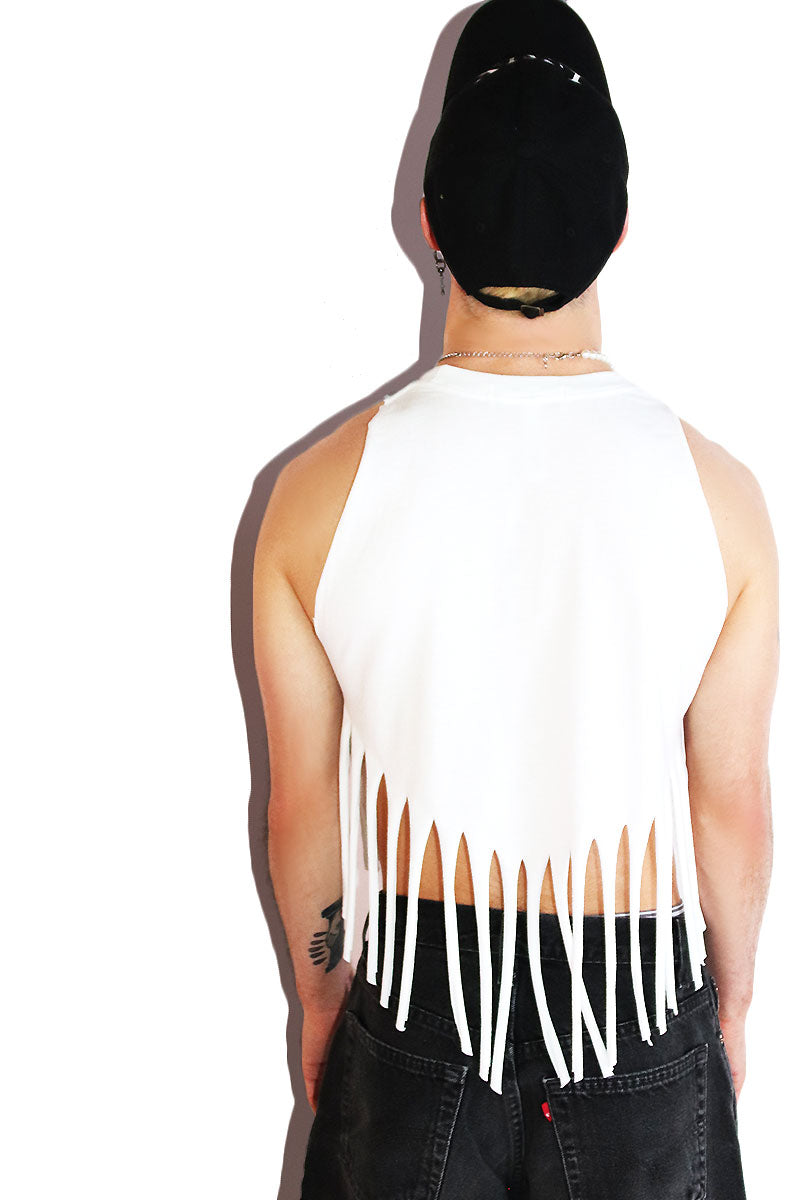 Daddy Fringe Halter Valley Crop Tank- White