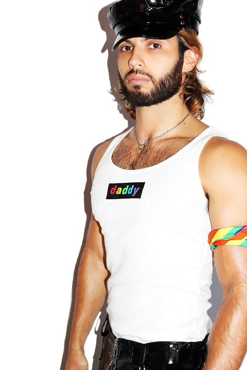 Daddy Rainbow Rib Knit Tank- White