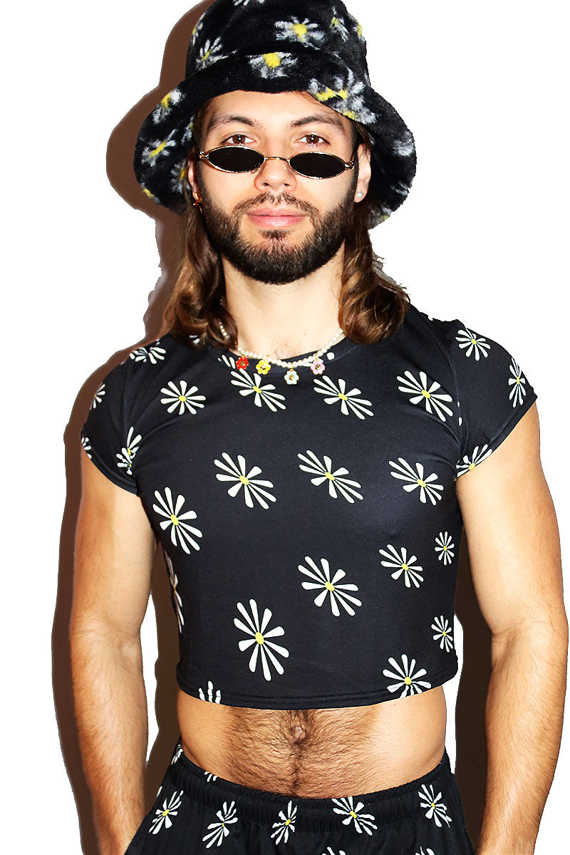 Daisy All Over Print Fitted Crop Tee- Black