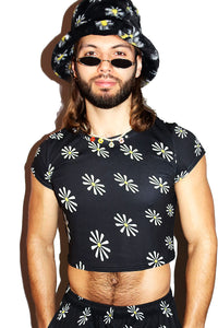 Daisy All Over Print Fitted Crop Tee- Black
