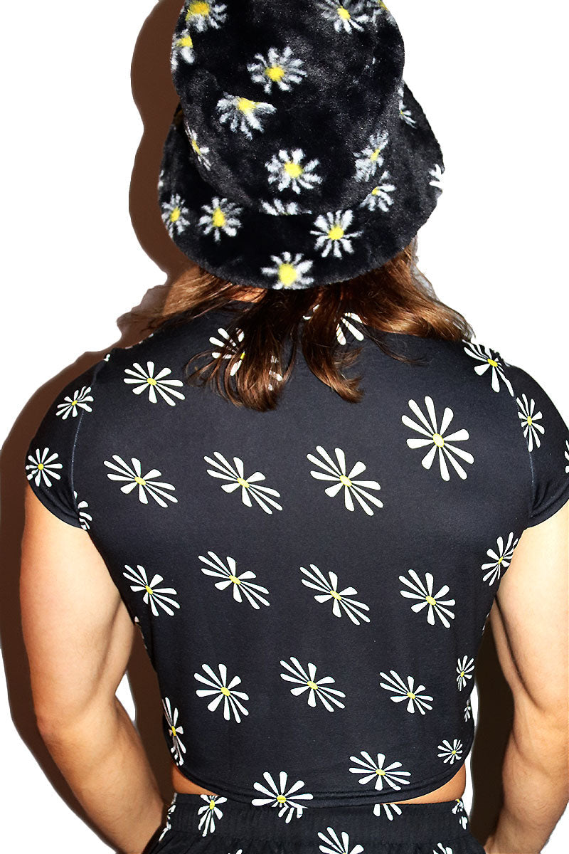 Daisy All Over Print Fitted Crop Tee- Black