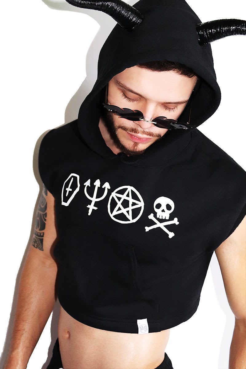 Dark Summoning Sleeveless Crop Hoodie-Black