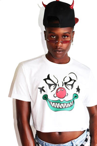 Deranged Clown Crop Tee-White