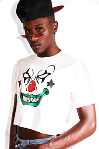 Deranged Clown Crop Tee-White
