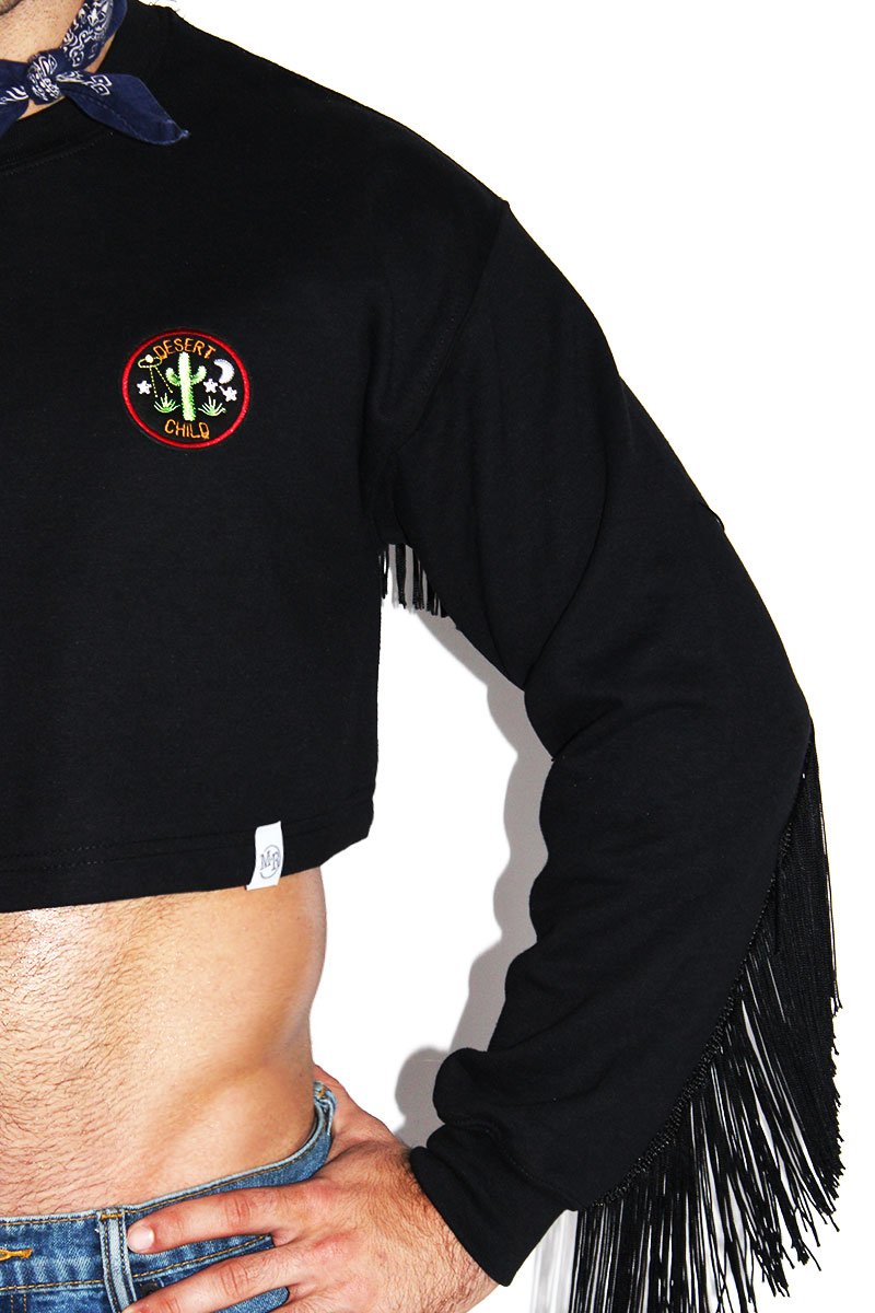 Desert Child Fringe Long Sleeve Sweatshirt-Black