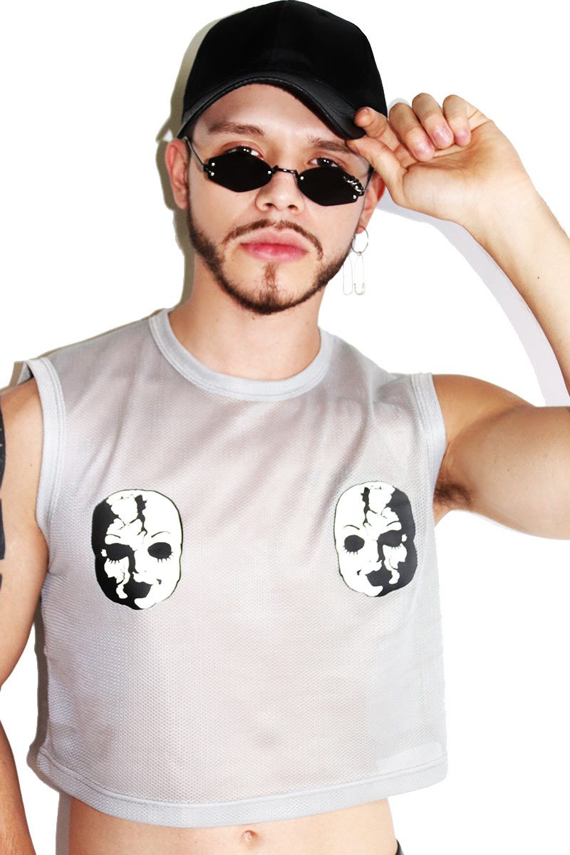 Doll Face Pasties Crop Tank-Grey