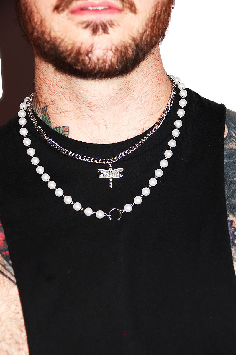 Dragonfly Pearl Pendant Necklace - Silver