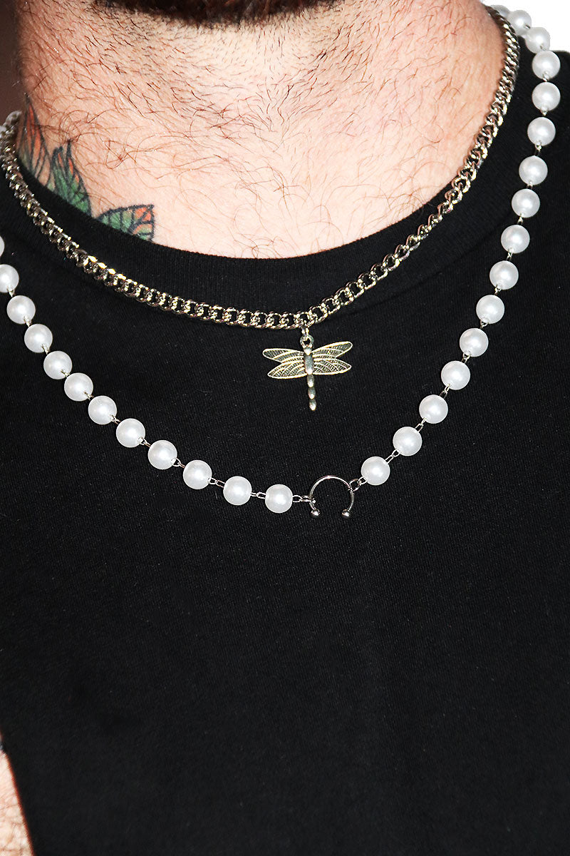 Dragonfly Pearl Pendant Necklace - Silver