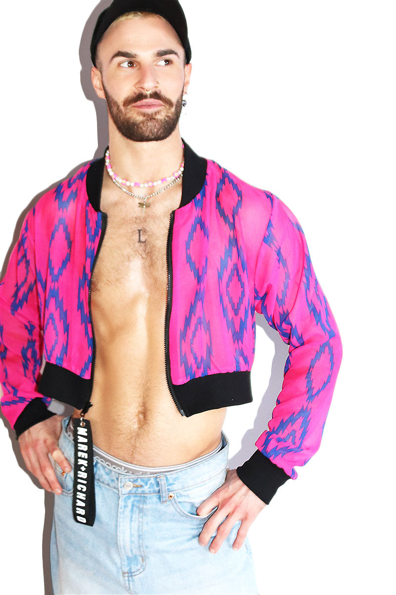 Diamond Back Mesh Crop Bomber Jacket- Fuchsia