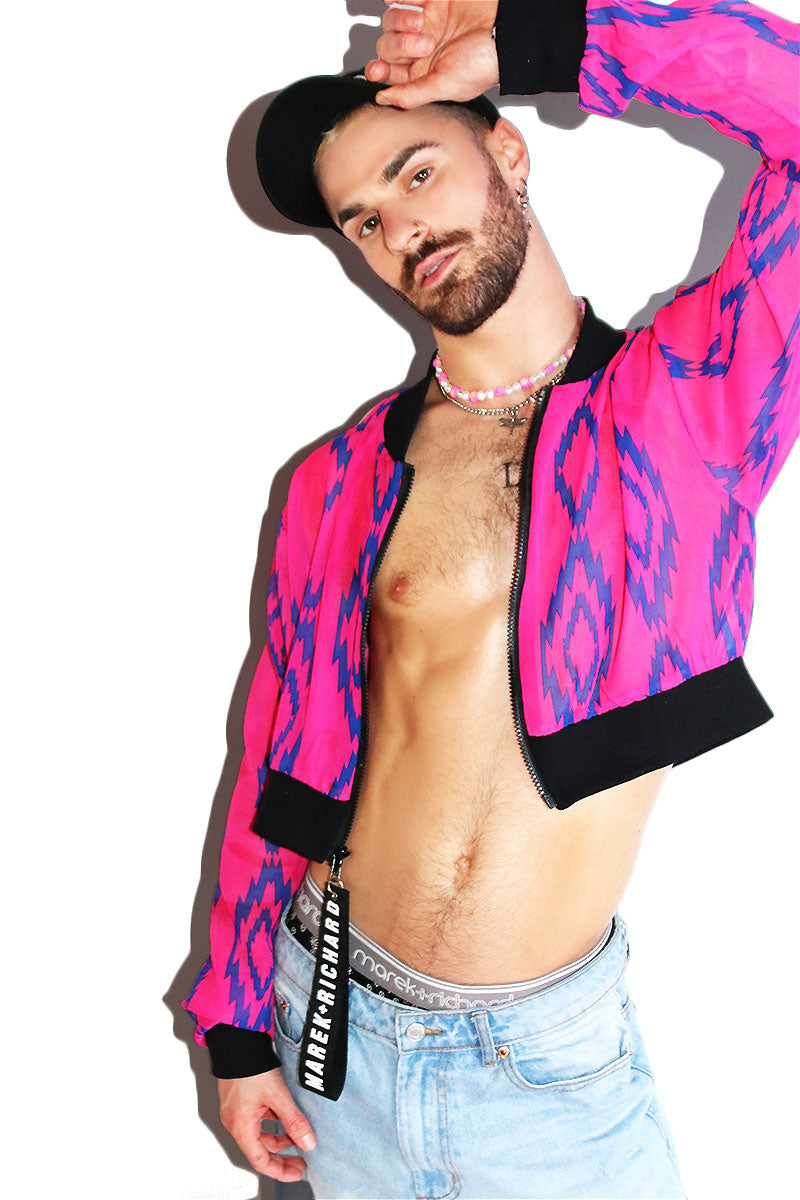 Diamond Back Mesh Crop Bomber Jacket- Fuchsia