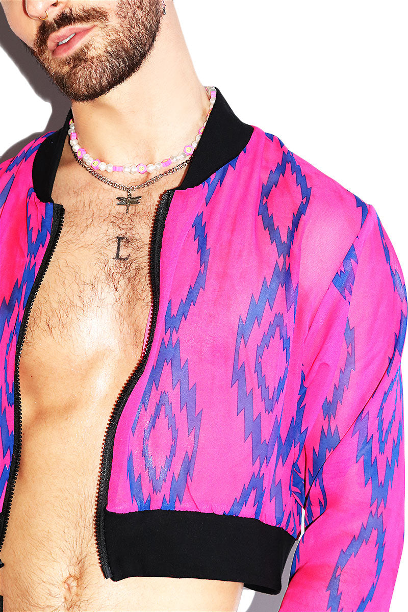 Diamond Back Mesh Crop Bomber Jacket- Fuchsia