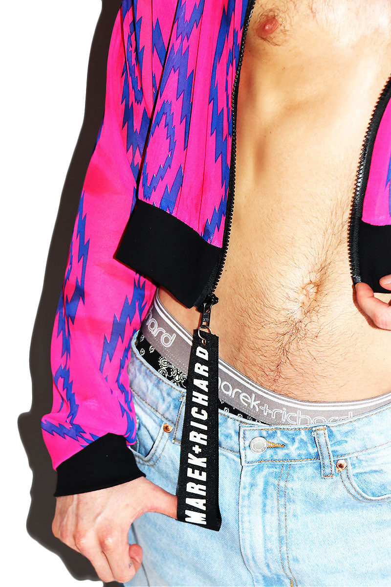 Diamond Back Mesh Crop Bomber Jacket- Fuchsia