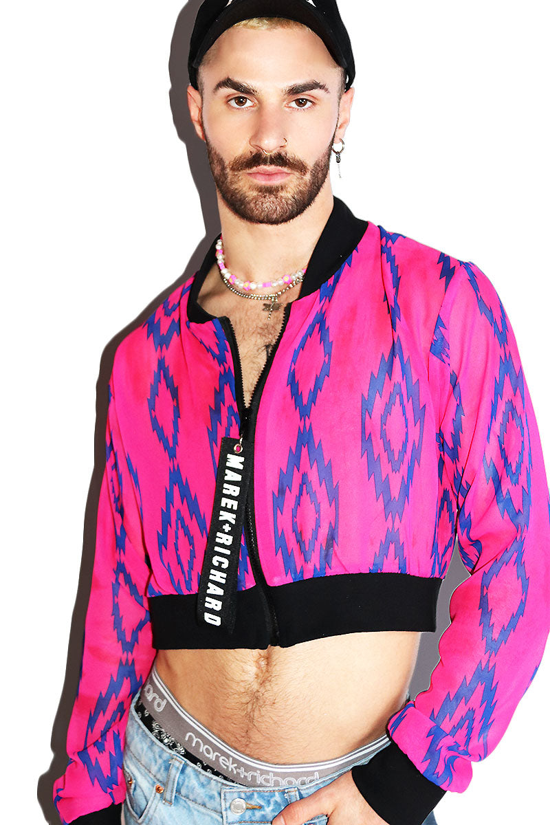 Diamond Back Mesh Crop Bomber Jacket- Fuchsia