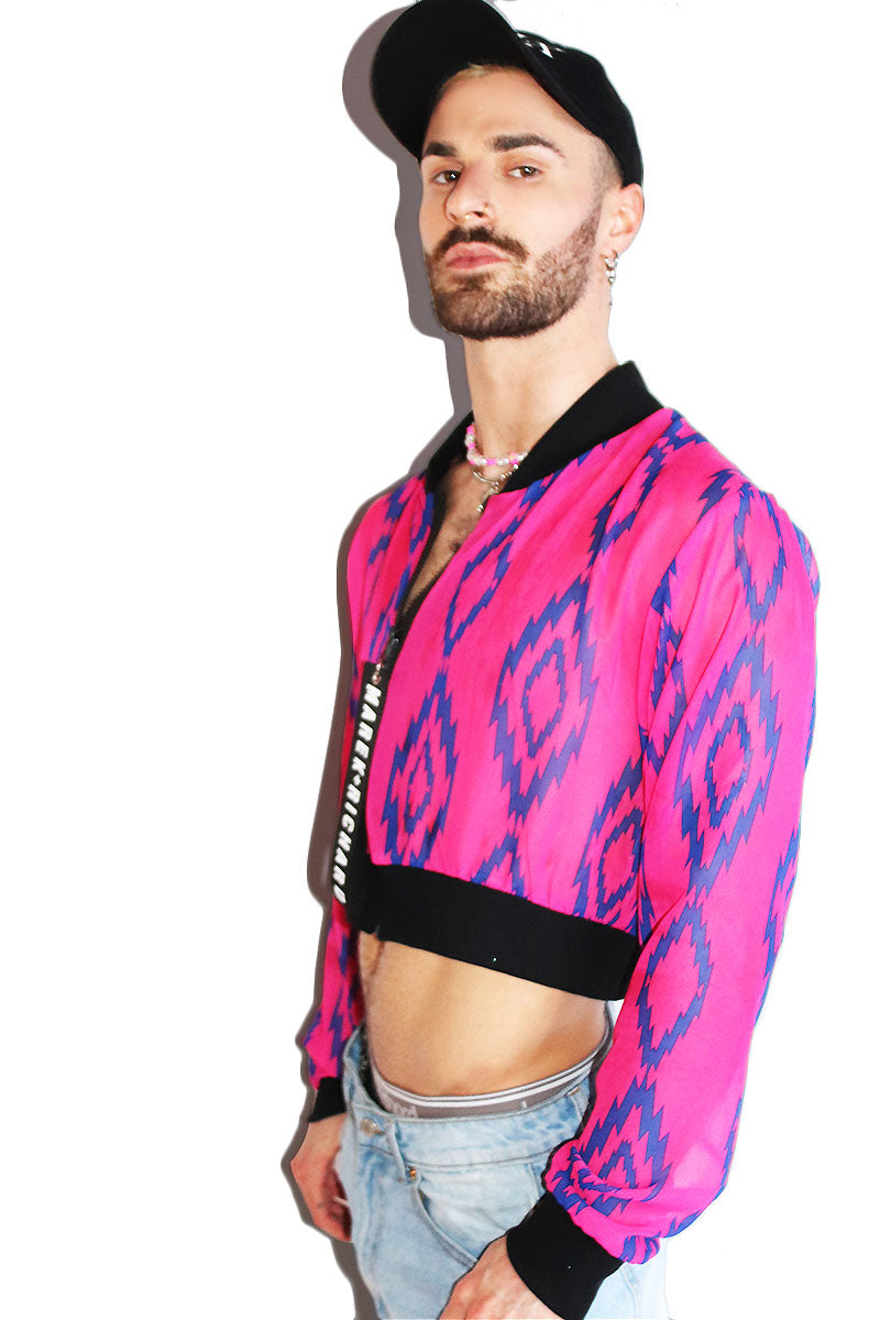 Diamond Back Mesh Crop Bomber Jacket- Fuchsia